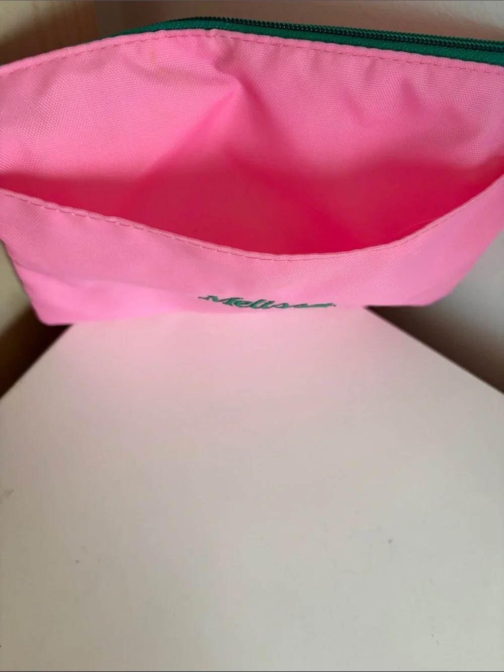 Personalized Pink Zipper Pouch with Green Embroidery & double Mirrors Mon Compac